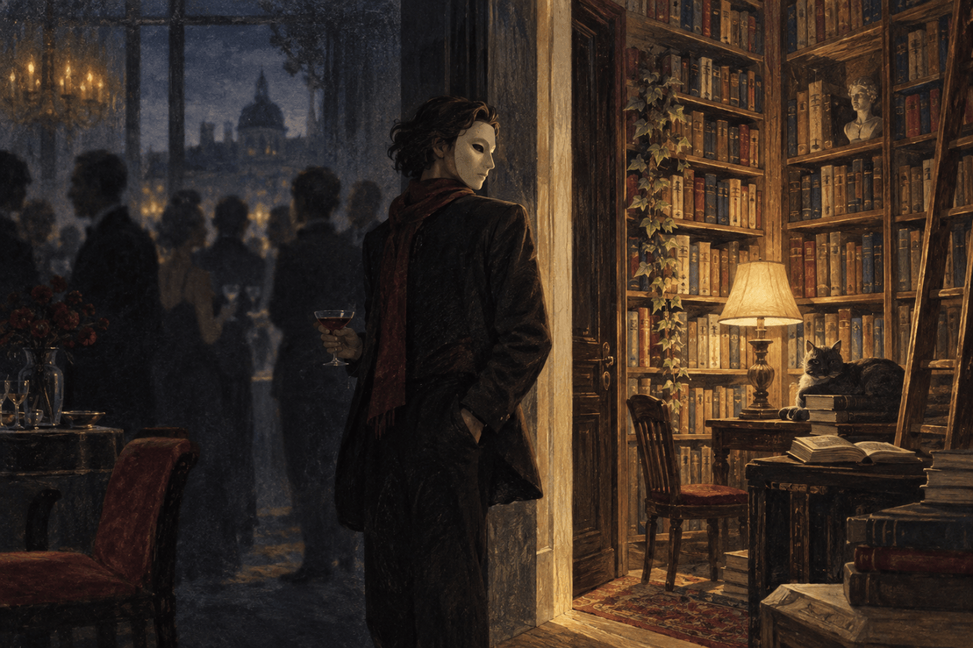 Figura con máscara entre una reunión en penumbra y una biblioteca iluminada