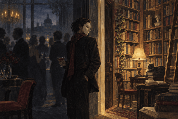 Figura con máscara entre una reunión en penumbra y una biblioteca iluminada