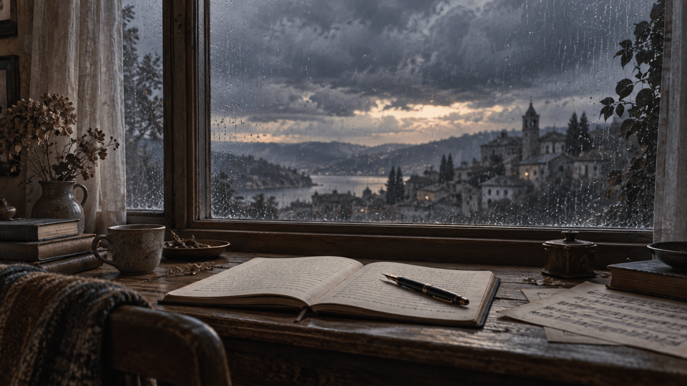 Cuaderno abierto junto a una ventana cubierta de lluvia bajo un cielo de tormenta