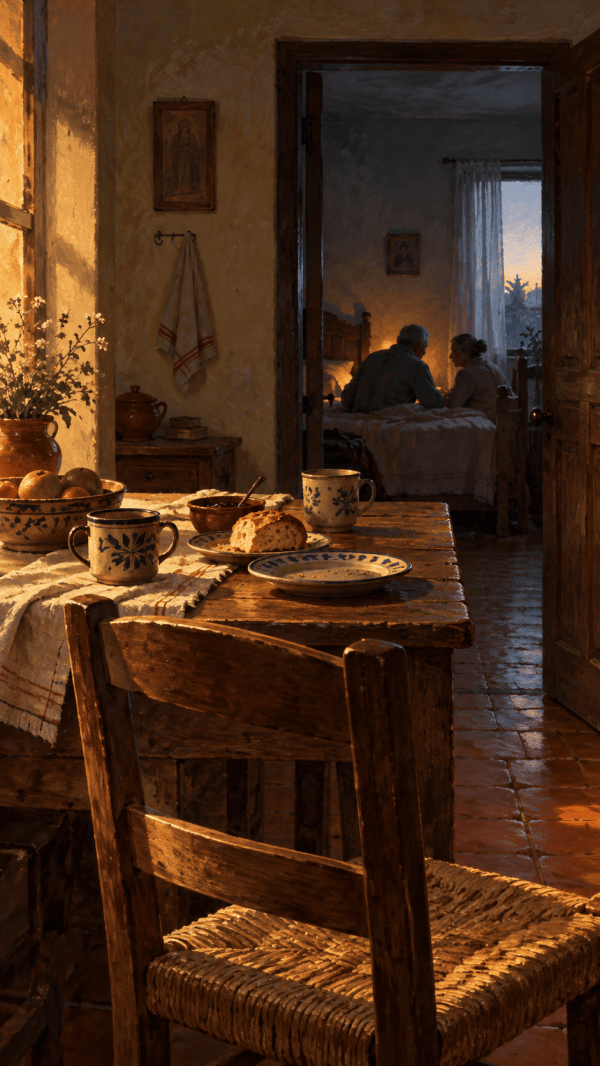 Mesa familiar con pan y tazas iluminada al amanecer; al fondo, dos padres conversan sentados en su habitación.