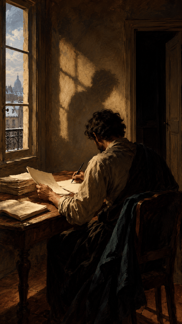 Pintura en tonos ocres y azul oscuro: un escritor de espaldas trabaja sobre manuscritos junto a una ventana; su sombra se proyecta en la pared.