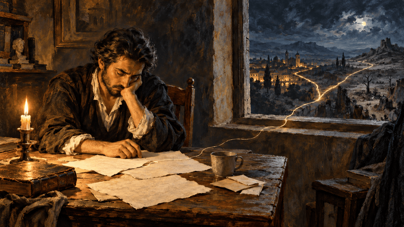 Un escritor ante sus manuscritos, iluminado por una vela; desde la mesa, un hilo de luz se bifurca hacia una ciudad nocturna y un paisaje árido