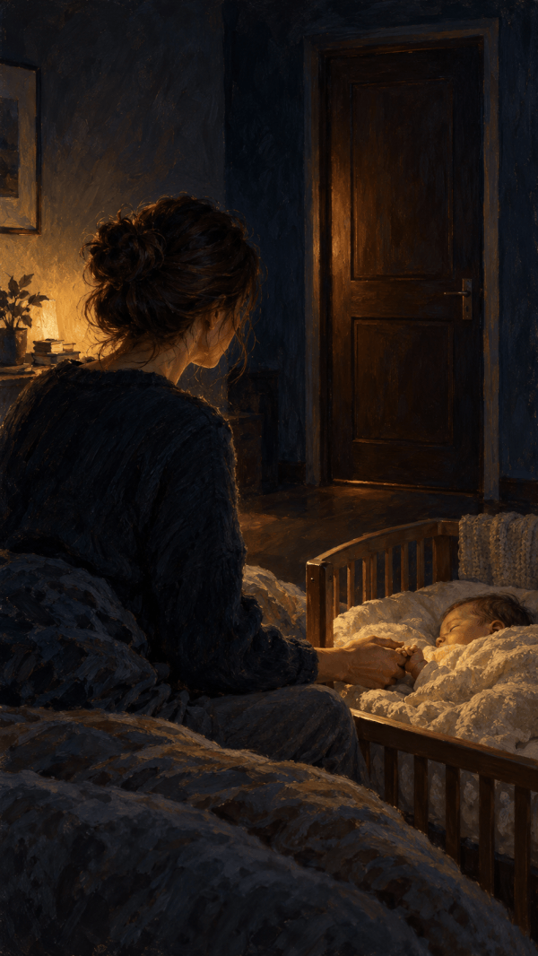Una mujer sostiene la mano de una bebé dormida junto a una puerta cerrada, en una habitación en penumbra.