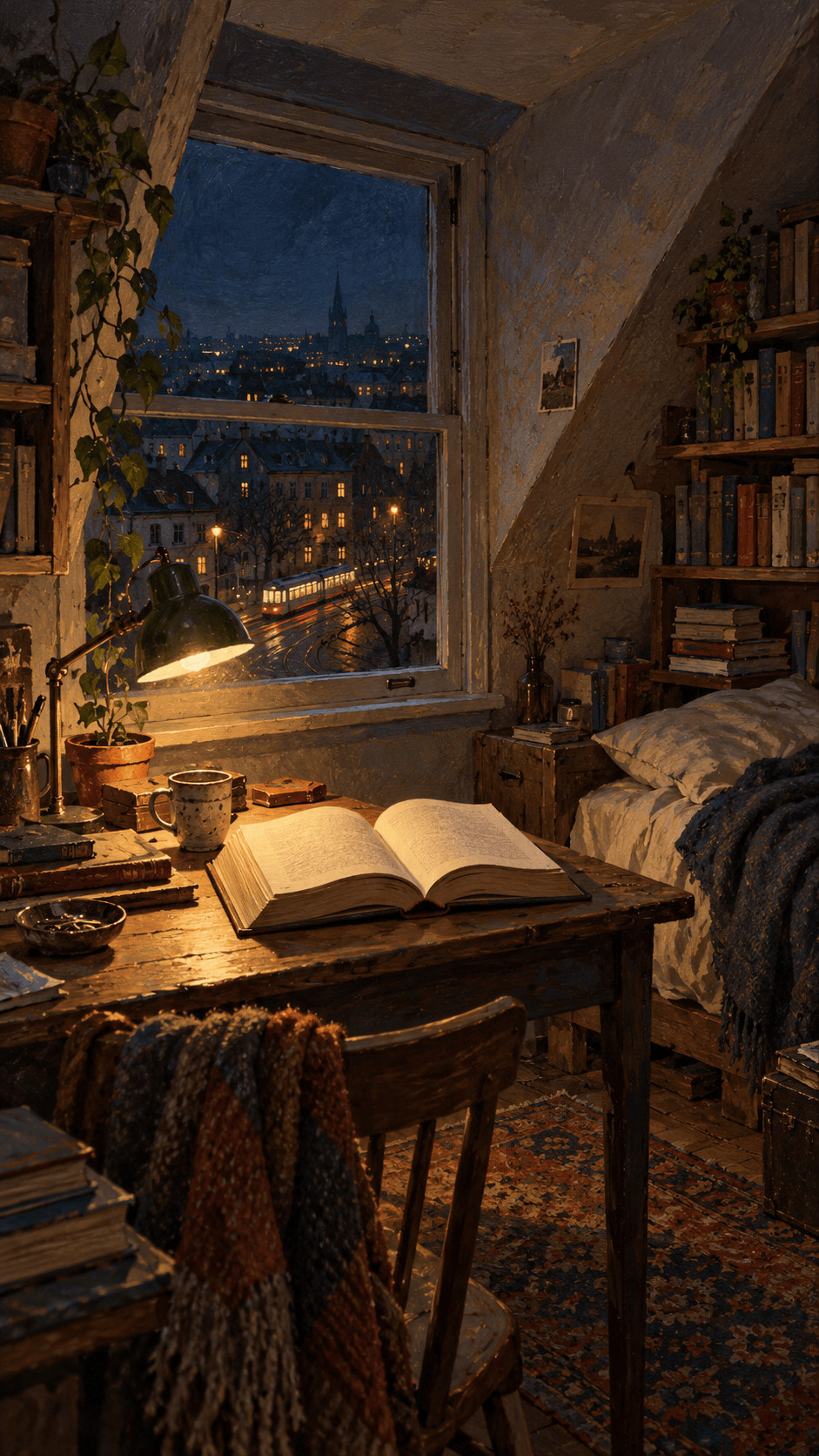 Ilustración de una pequeña buhardilla de noche: un libro abierto bajo una lámpara, estantes de libros y un tranvía iluminado al otro lado de la ventana.